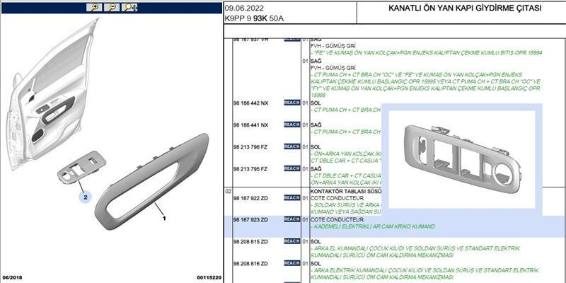 Citröen Berlingo K9 Sol Cam Düğme Çerçevesi PSA Orijinal 98167923ZD